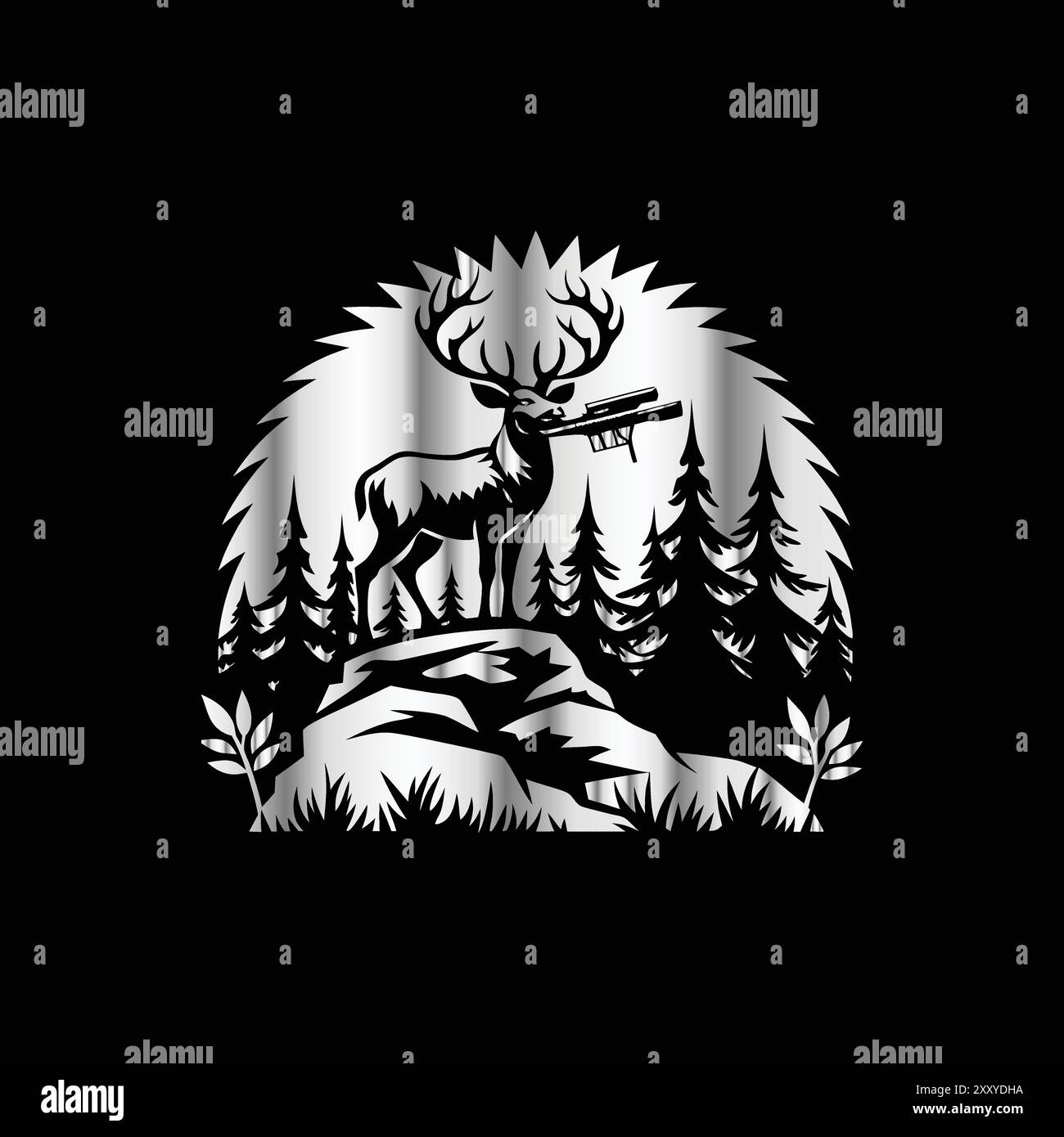 Modèle de logo vectoriel de chasseur de cerfs avec forêt, montagnes, soleil, arbres et fusil de chasse modèle de logo de chasse de cerfs avec forêt et montagnes. Vecteur ill Illustration de Vecteur