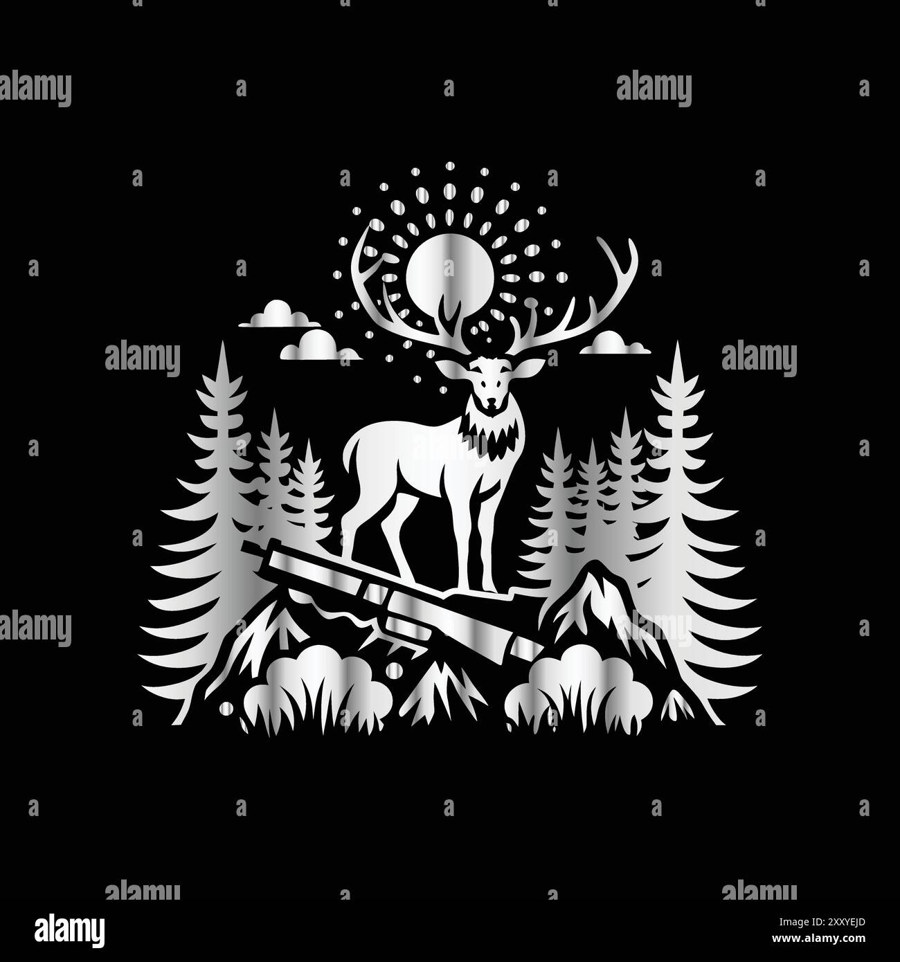 Modèle de logo vectoriel de chasseur de cerfs avec forêt, montagnes, soleil, arbres et fusil de chasse modèle de logo de chasse de cerfs avec forêt et montagnes. Vecteur ill Illustration de Vecteur