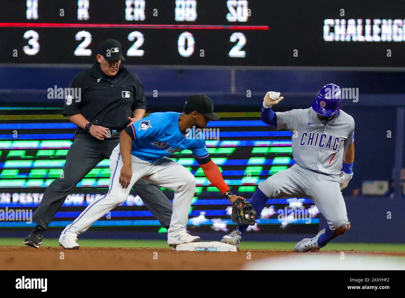 MIAMI, FLORIDE - août 25, Miami Marlins v Chicago Cubs at Loan Depot Park le 25 août 2024 à Miami, Floride. (Photo de Chris Arjoon) Banque D'Images