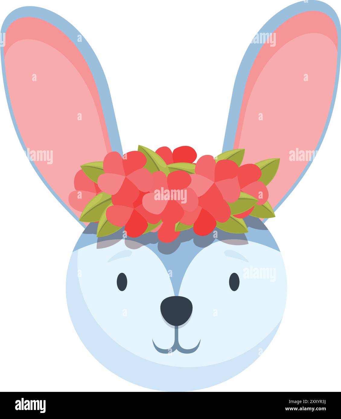 Lapin bleu avec de grandes oreilles roses porte une couronne de fleurs rouges Illustration de Vecteur