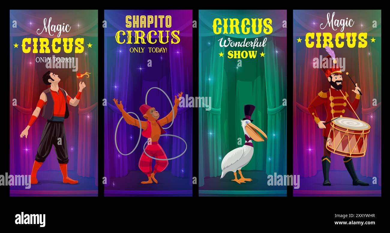 Bannières de cirque avec des artistes et des animaux de carnaval de foire funfair, arrière-plans de dessin animé vectoriel. Affiches de spectacle de magie de cirque avec jongleur de singe, homme mangeur de feu et batteur d'orchestre avec oiseau pélican dans le chapeau Illustration de Vecteur