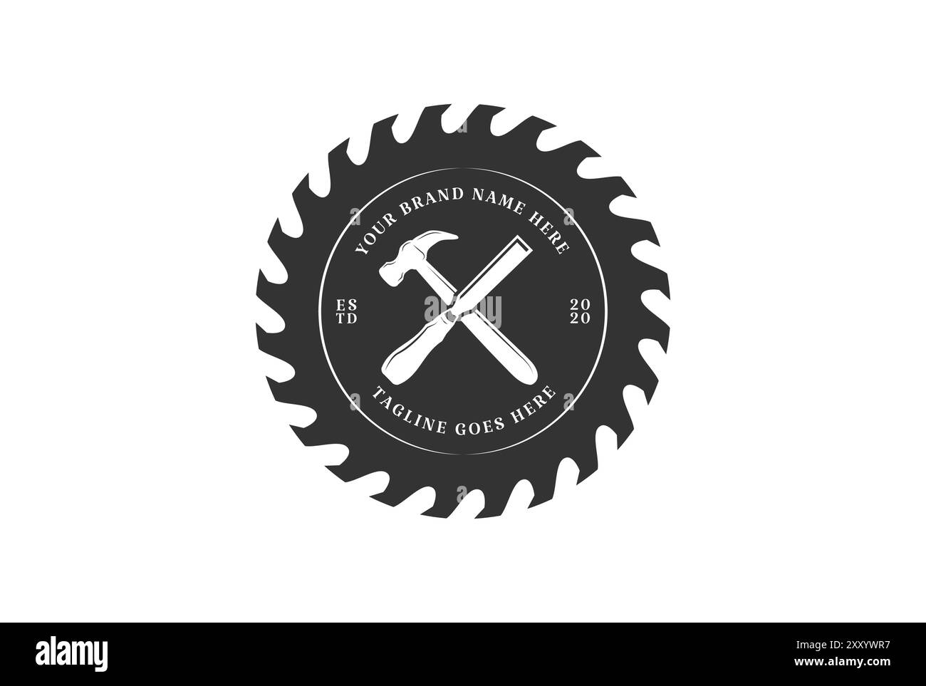 Lame de scie circulaire vintage avec marteau et ciseau pour charpentier ou vecteur de conception de logo de travail du bois Illustration de Vecteur