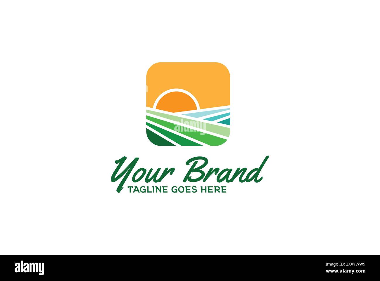 Simple carré Sunrise Land Landscape pour la ferme ou l'environnement logo Design vecteur Illustration de Vecteur