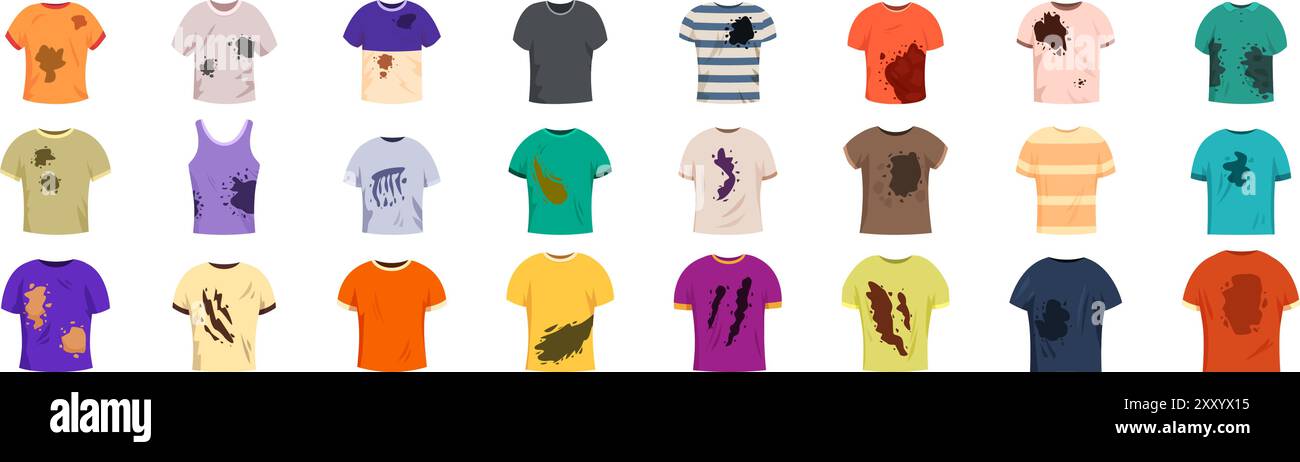 Icônes de t-shirt sales définies. Collection de t-shirts sales, vêtements tachés avec des taches de nourriture et désordre de la vie quotidienne Illustration de Vecteur