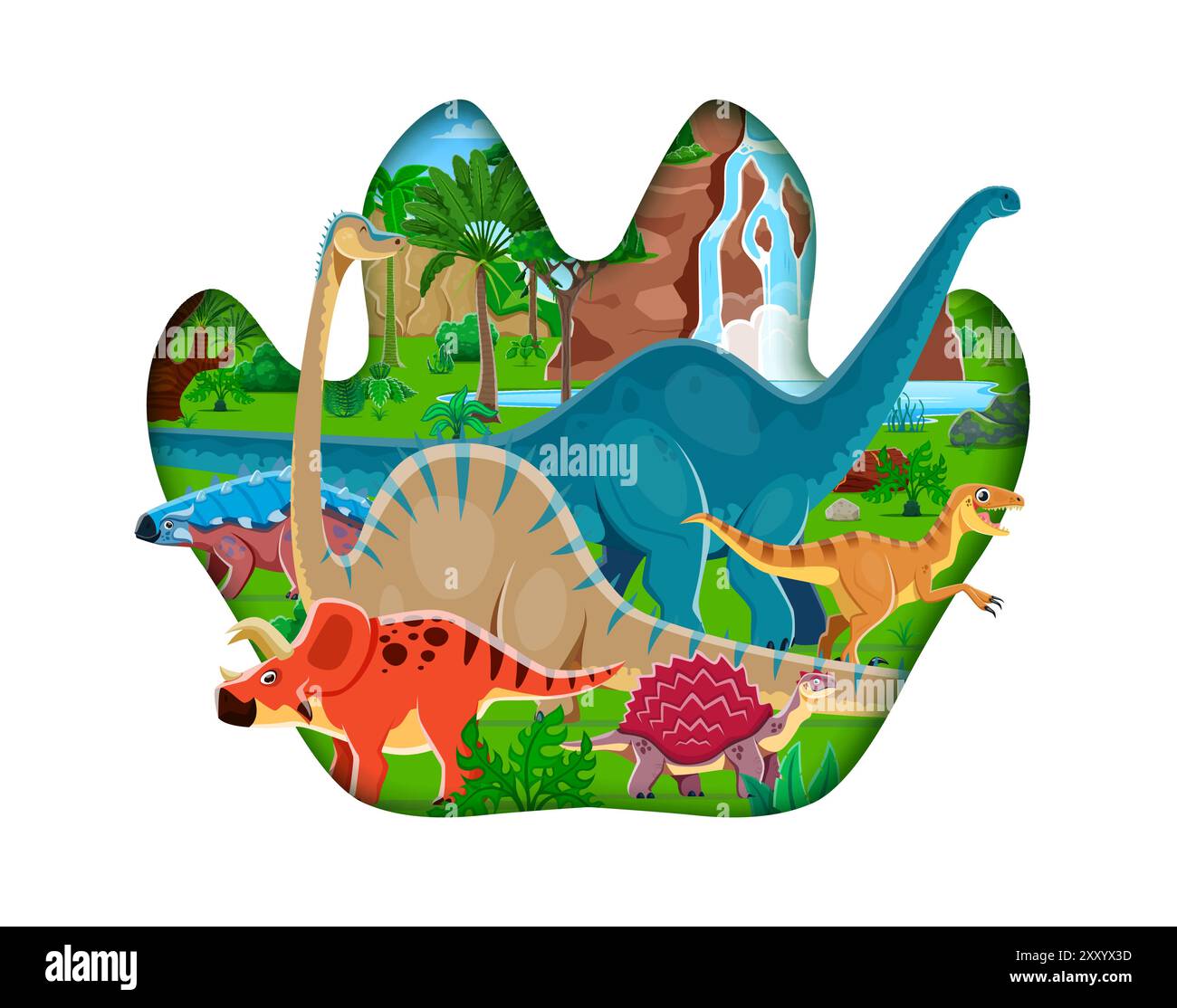Dinosaures préhistoriques dans l'empreinte Dino coupé en papier avec des lézards et des reptiles de l'ère Jurassique, vecteur de bande dessinée. Dinosaures drôles et lézards géants dans la forêt de jungle jurassique pour les enfants livre de dinosaures préhistoriques Illustration de Vecteur