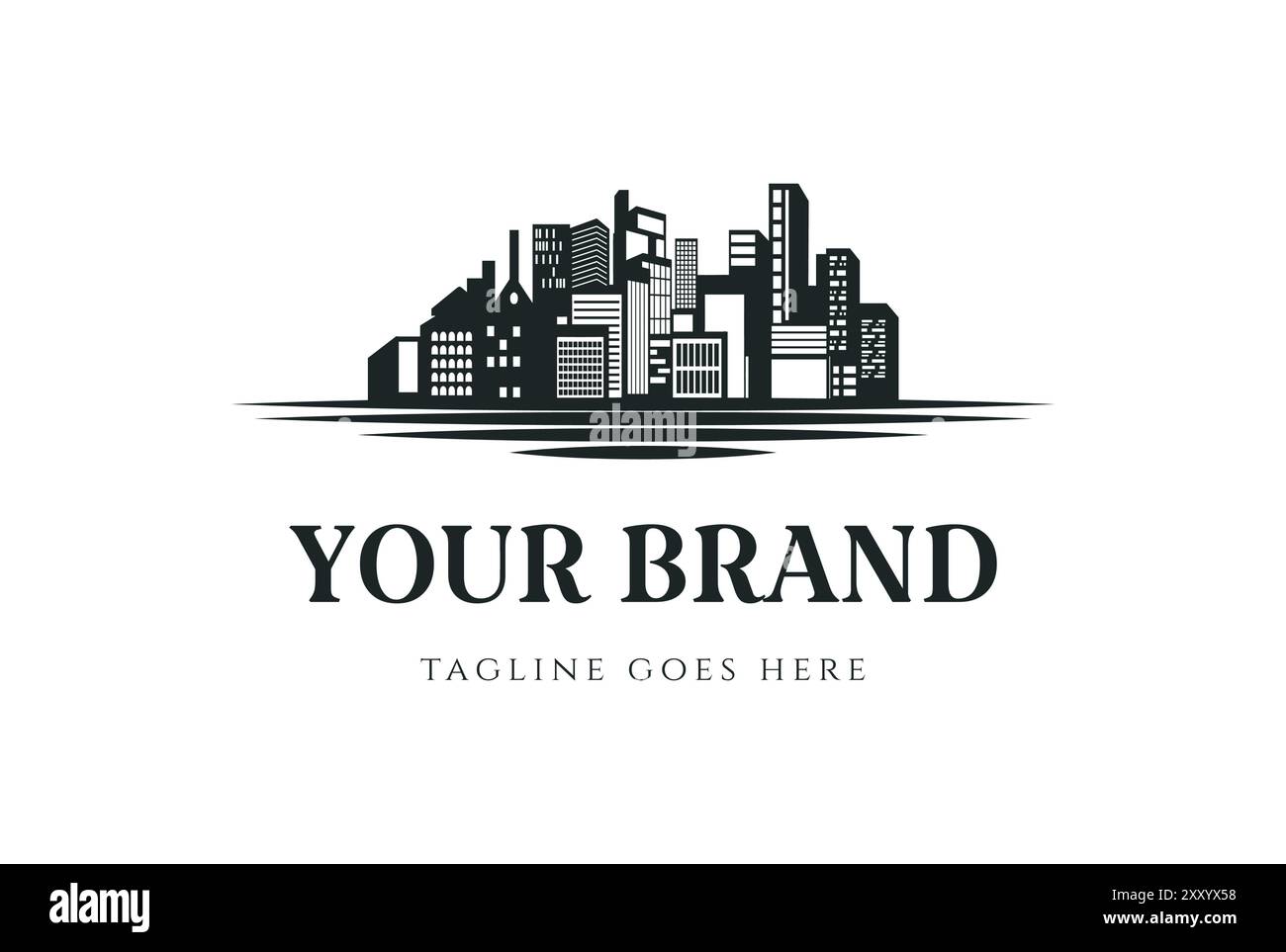 Ville urbaine Skyline avec Lake River Creek ou plage pour appartement Real Estate logo Design Vector Illustration de Vecteur