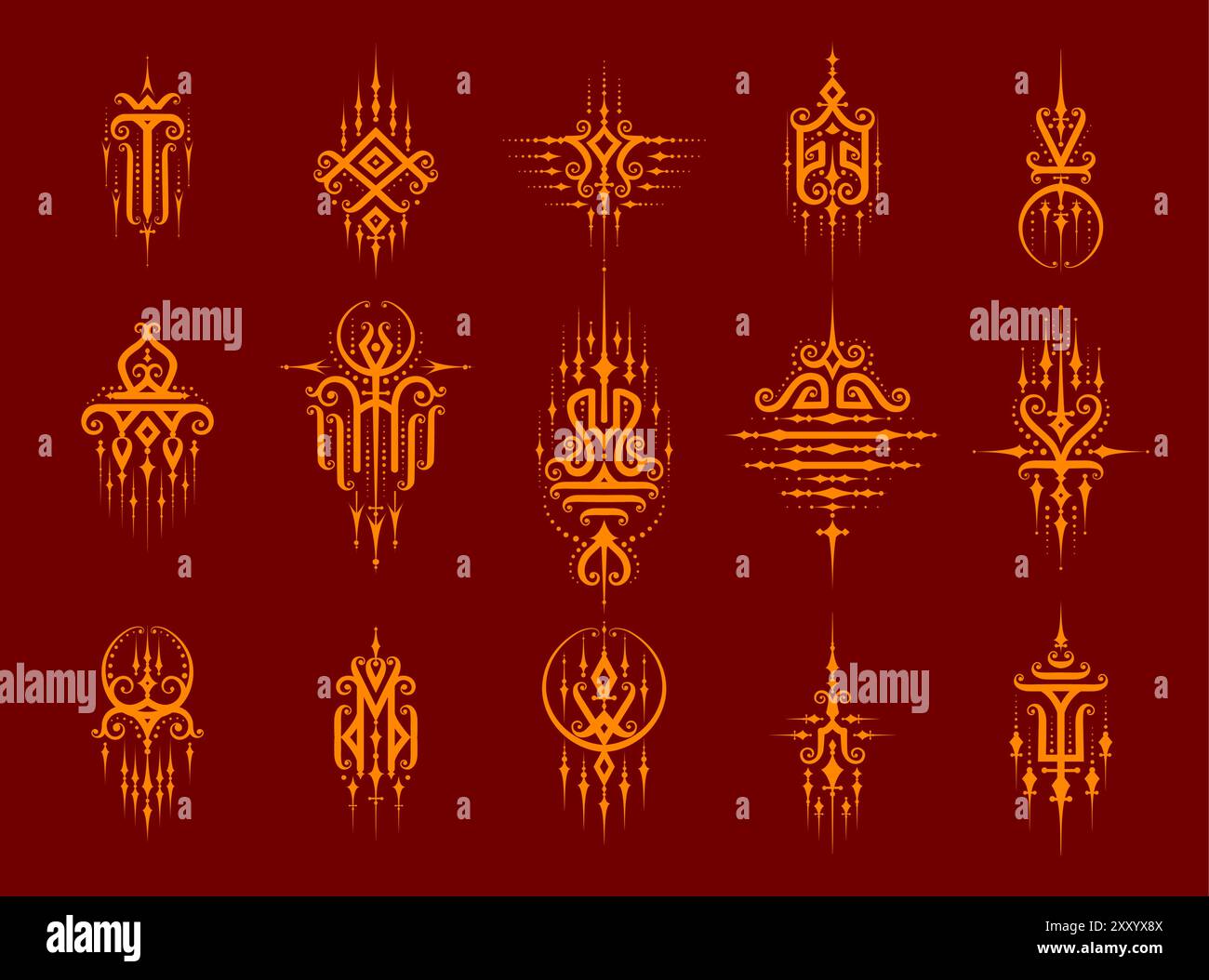 Symboles thaïlandais orientaux sacrés de la religion du bouddhisme et des signes de tatouage Yantra, icônes dorées vectorielles. Thaïlande symboles religieux Bouddha de tatouage Sak Yant, ornements ésotériques bouddhisme et signes sacrés thaïlandais Illustration de Vecteur
