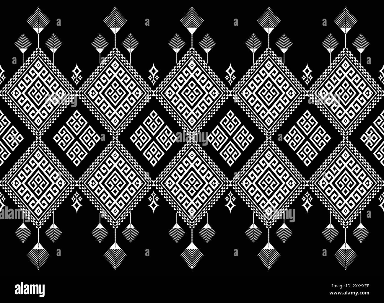 Motif ethnique géométrique en forme de losange blanc sans couture sur noir. Conçu pour les textures de tissu, les impressions textiles, les taies d'oreiller et autres impressions numériques. Illustration de Vecteur