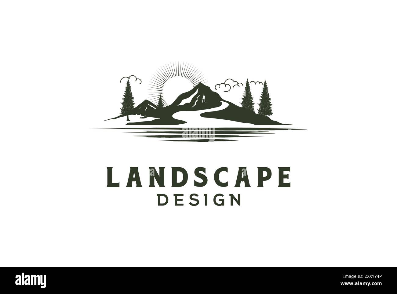 Sunrise Mountain Hill Pine Forest avec River Creek Lake Landscape View logo Design Vector Illustration de Vecteur