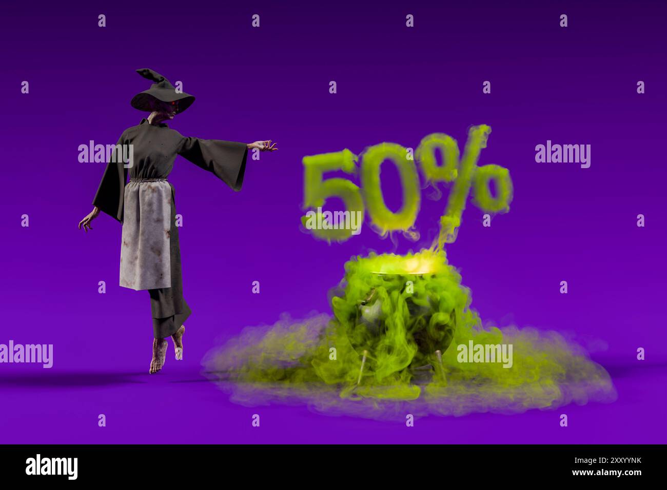 Sorcière convoite une potion magique verte avec un signe de réduction de cinquante pour cent d'un chaudron pour la vente d'halloween. rendu 3d. Banque D'Images