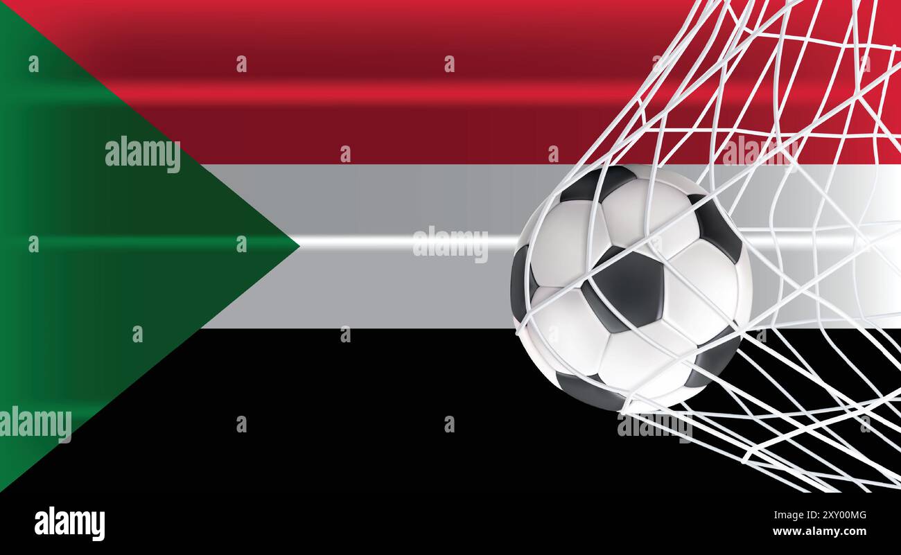 Soccer ou ballon de football dans Goal Net isolé sur le drapeau ombragé du Soudan, équipement accessoire de sport pour jouer jeu, championnat et conception de compétition Illustration de Vecteur