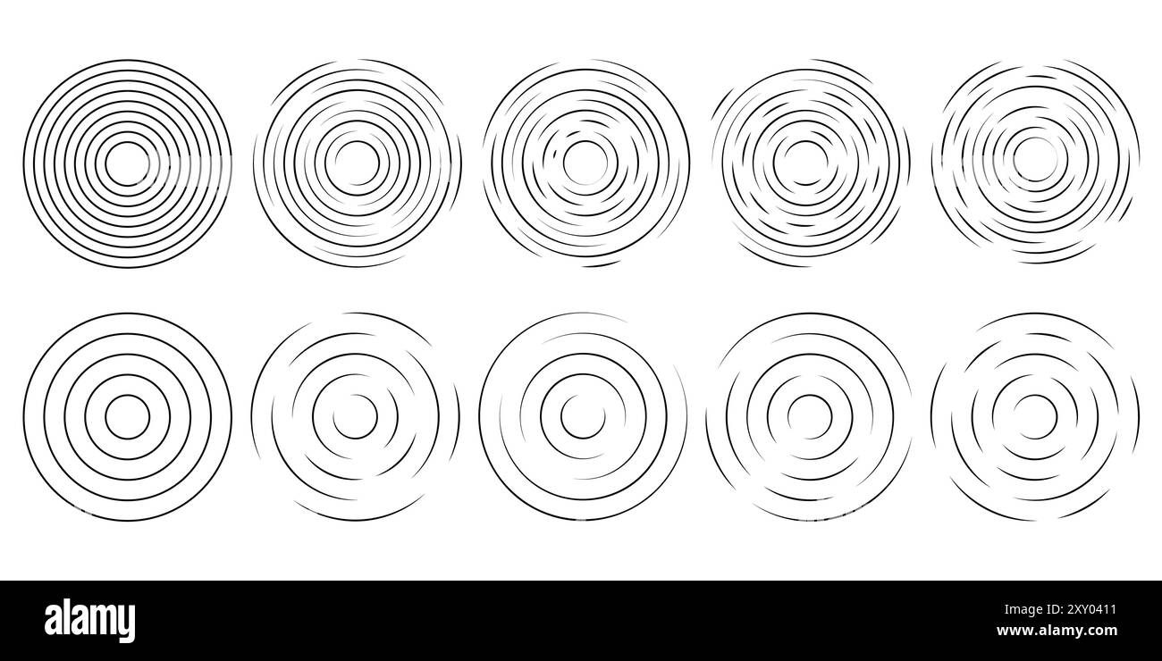 Ensemble d'icônes d'ondulation circulaire. Cercles concentriques avec lignes interrompues isolés sur fond blanc. Vortex, onde de sonar, onde sonore, onde solaire, signaux de signal Illustration de Vecteur