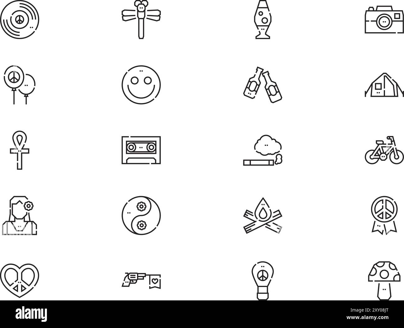 La collection d'icônes Hippies est une illustration vectorielle avec un trait modifiable. Illustration de Vecteur