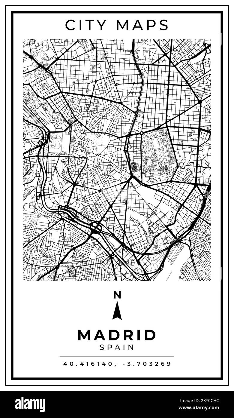 Carte monochrome Line Art de Madrid City Espagne, illustration et décoration de la maison Illustration de Vecteur