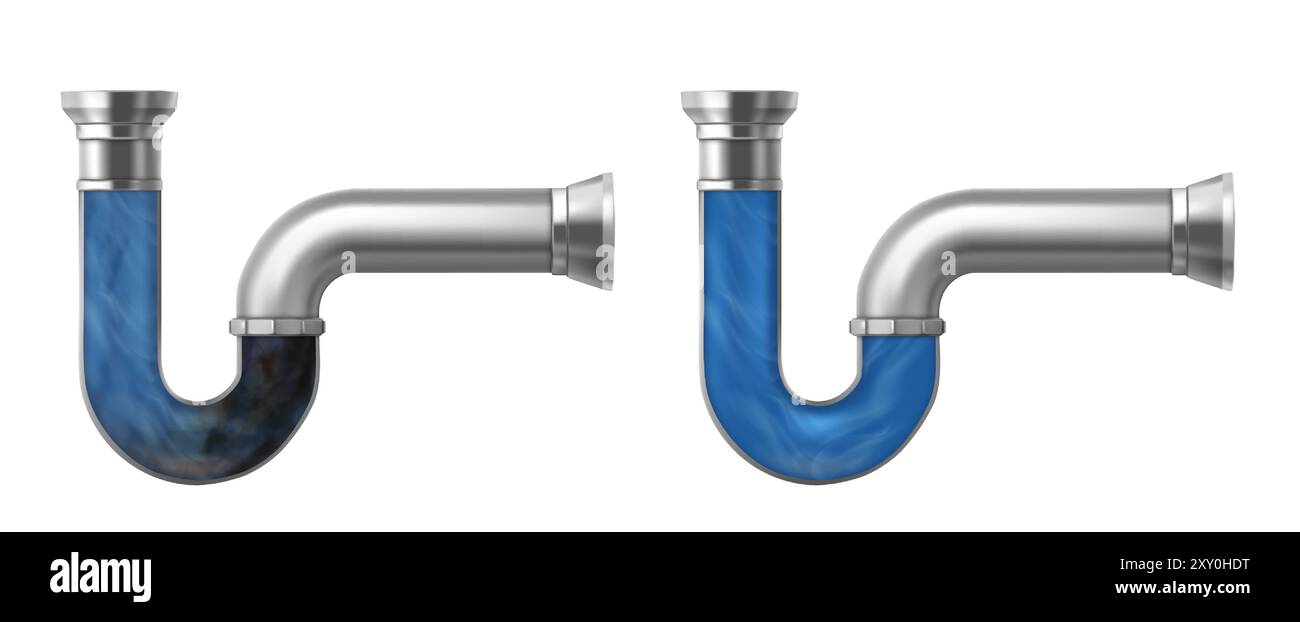Bouché et nettoyer les tuyaux de vidange ensemble isolé sur fond blanc. Illustration réaliste vectorielle de tube métallique avec de l'eau bleue claire et de la saleté de drainage, annonces de service de plomberie, effet détergent ménager Illustration de Vecteur
