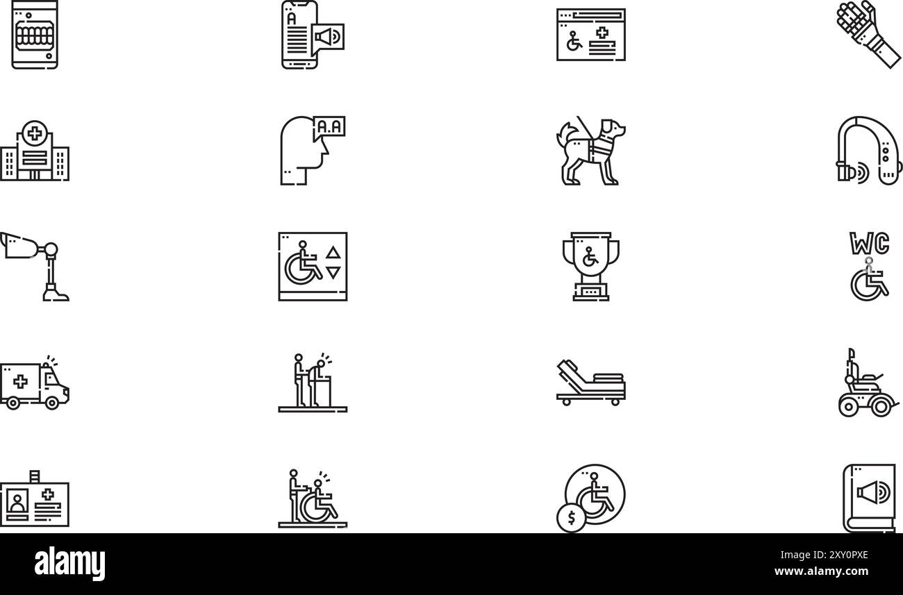 La collection d'icônes d'assistance aux personnes handicapées est une illustration vectorielle avec trait modifiable. Illustration de Vecteur