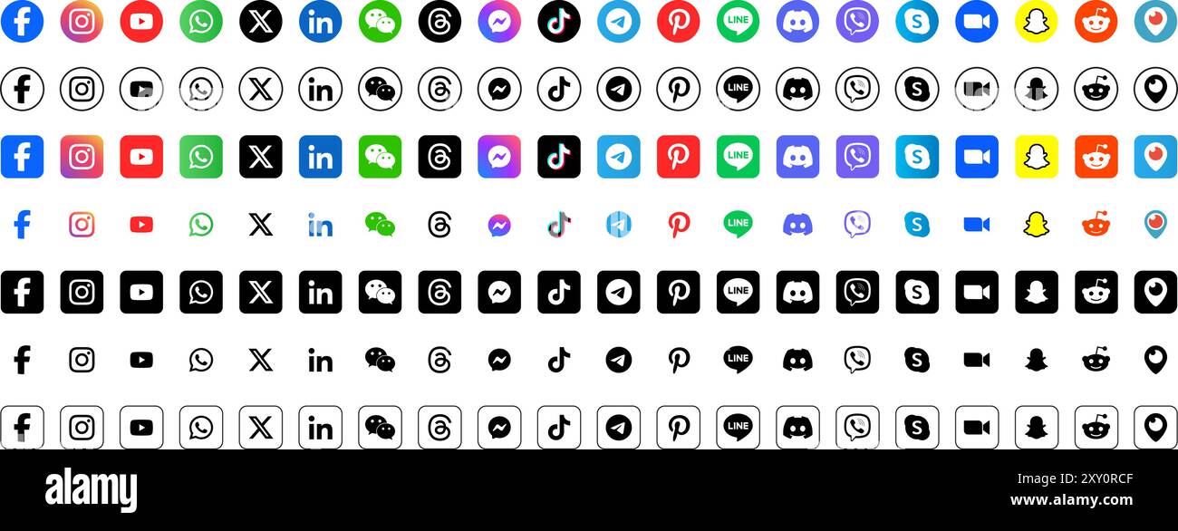 Un ensemble d'icônes de médias sociaux populaires internationales avec différentes variations. Illustration de Vecteur