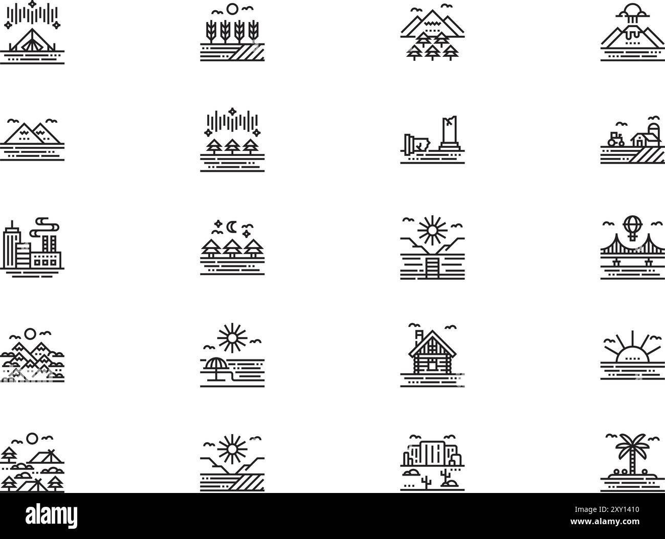 La collection d'icônes de paysages est une illustration vectorielle avec un trait modifiable. Illustration de Vecteur