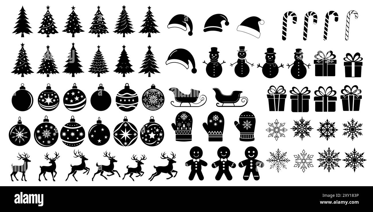 Grand ensemble de silhouette d'hiver noir, contour. Arbre de Noël, renne, ornements, pain d'épices, flocon de neige sur fond blanc. Isolé Illustration de Vecteur