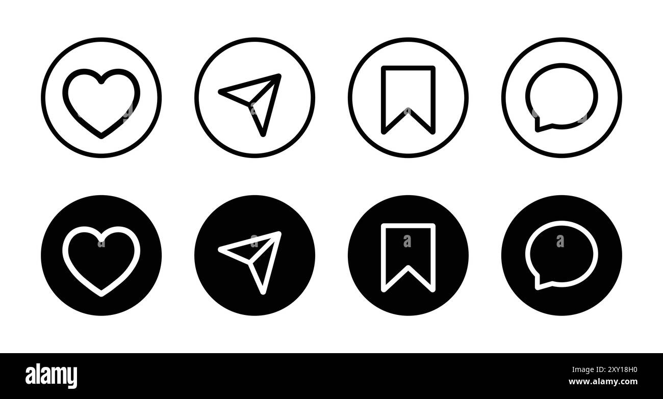 Like, Share, Save et commenter icône dans le remplissage et la ligne. Ensemble d'éléments de médias sociaux. Symbole de l'enseigne des médias sociaux. Illustration vectorielle. Illustration de Vecteur