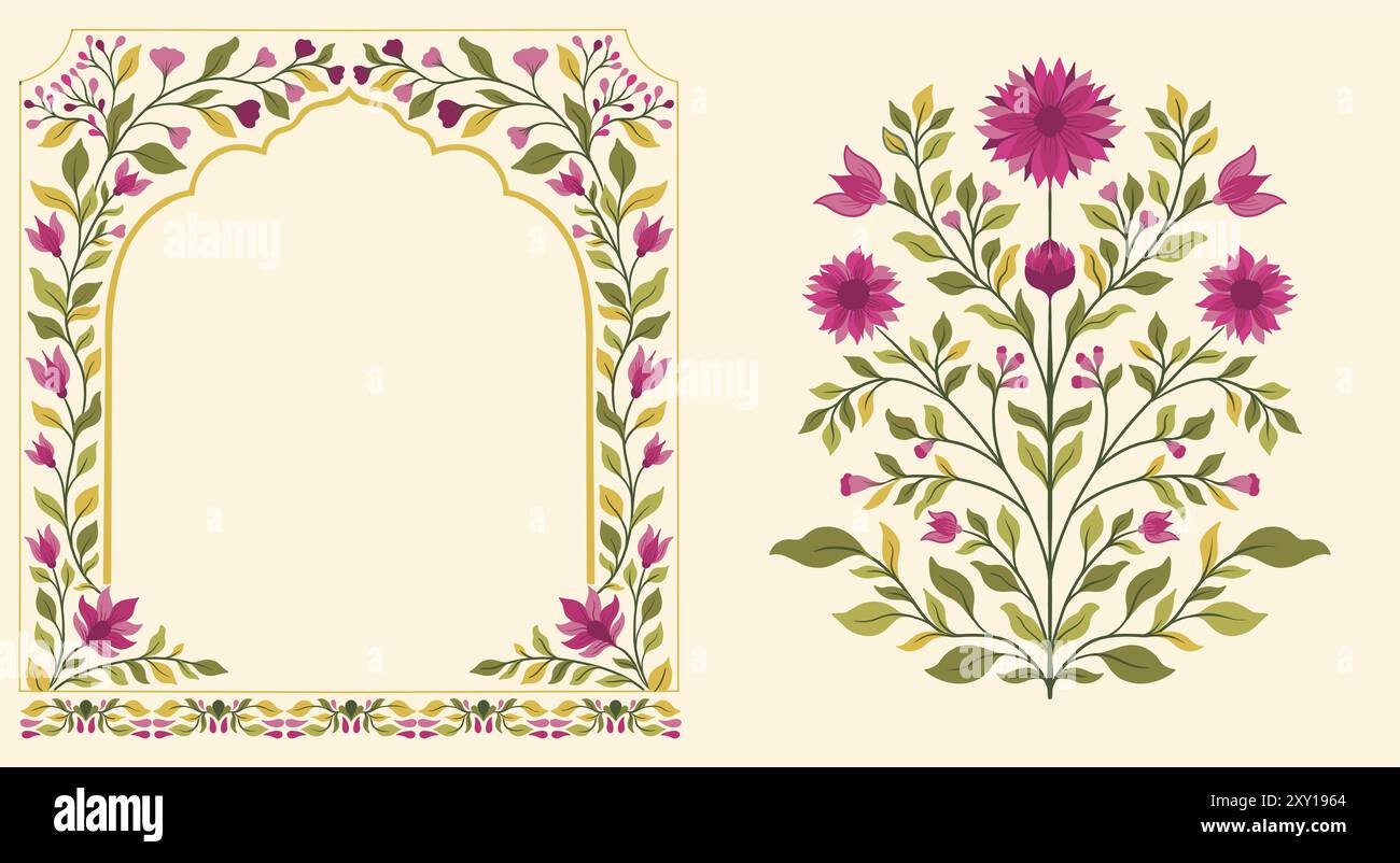 Ornement floral décoratif moghol. Vintage complexe style traditionnel moghol avec fleurs et feuillage. Illustration de Vecteur