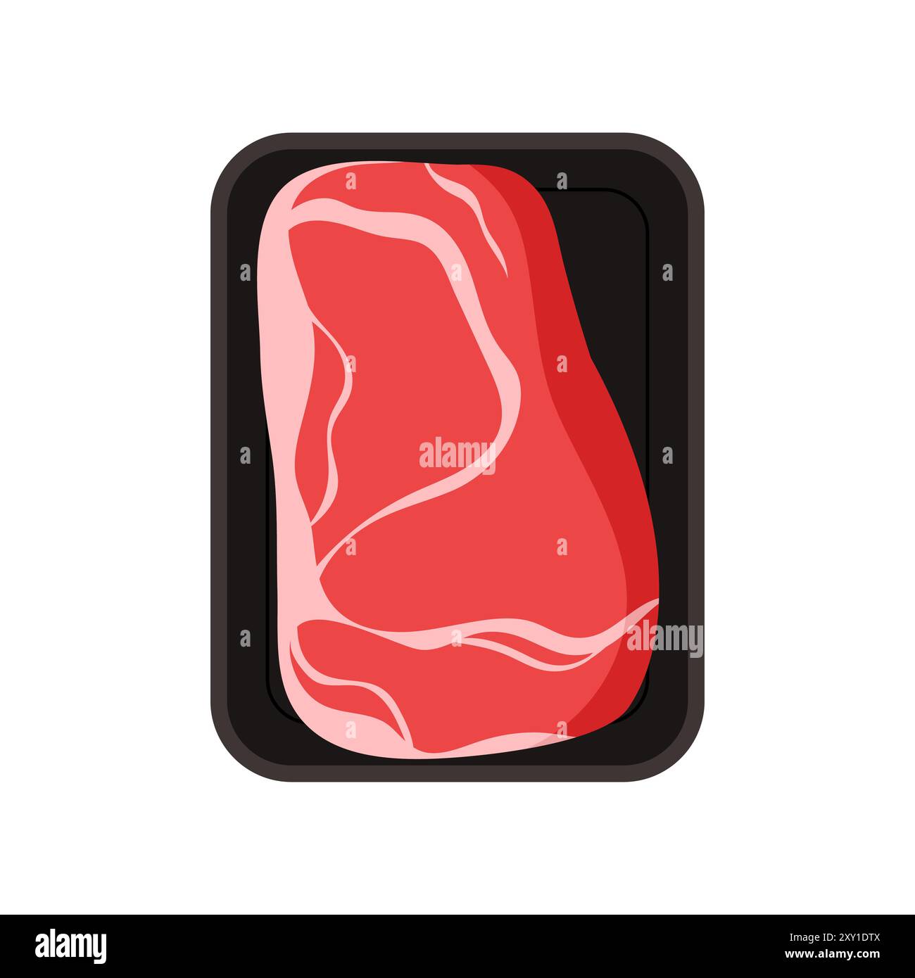 Plateau en plastique avec filet de boeuf strié, vue de dessus du récipient rectangulaire noir et illustration vectorielle de viande rouge Illustration de Vecteur