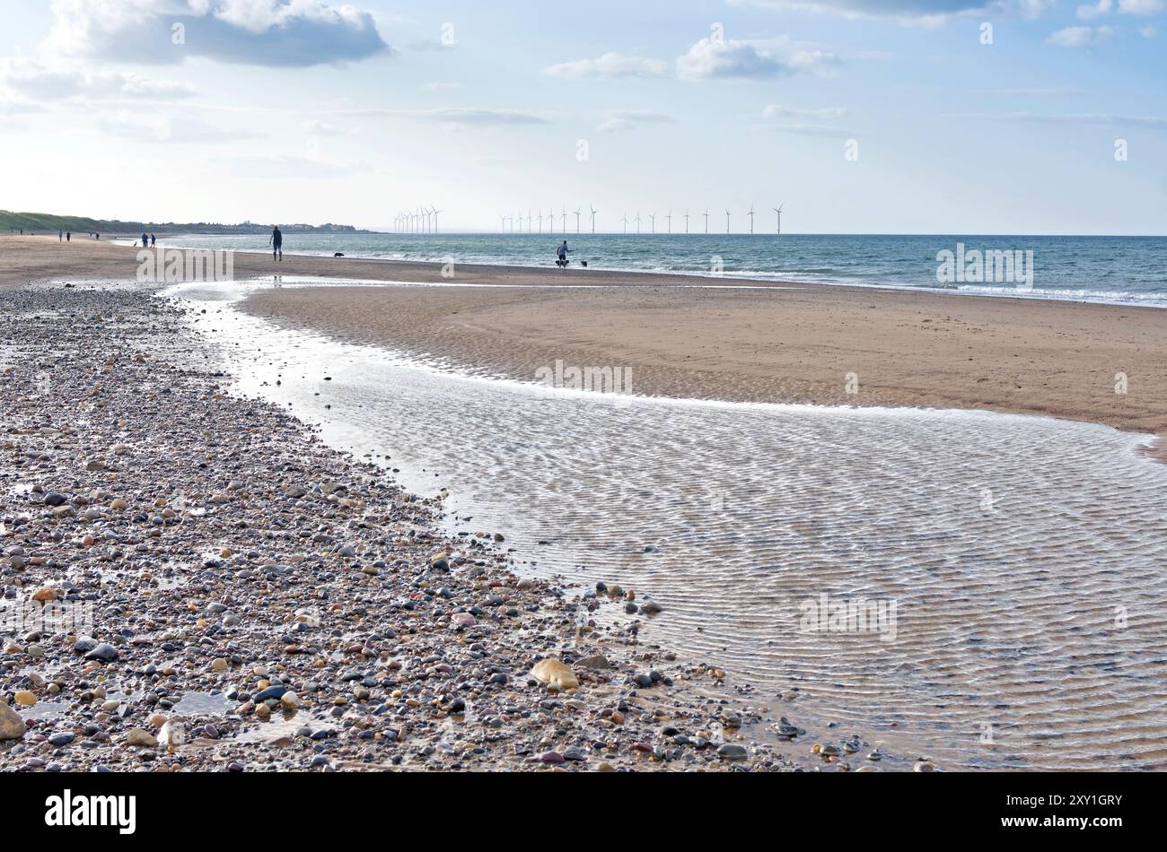 Sable, pierres et motifs de galets, et piscines d'eau laissées par la marée qui recule sur la plage de Marske by the Sea, avec Redcar Wind Farm visible à l'horizon. Banque D'Images