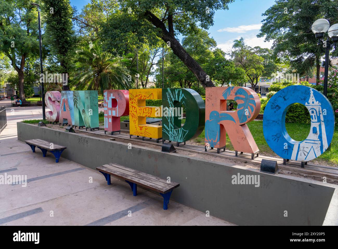 Le signe de la ville agréable pour San Pedro de Jujuy sur la Plaza General Manuel Belgrano. San Pedro de Jujuy, Argentine. Banque D'Images