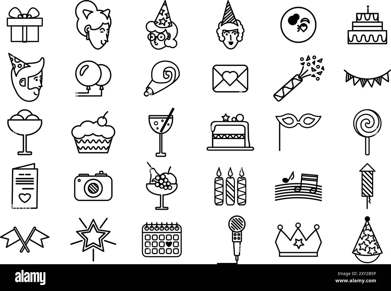 Ensemble d'icônes et de symbole de fête d'anniversaire. Aperçu des cadeaux festifs, souvenirs, friandises, invités en robe de fantaisie. Collection d'icônes linéaires simple isolée sur Illustration de Vecteur