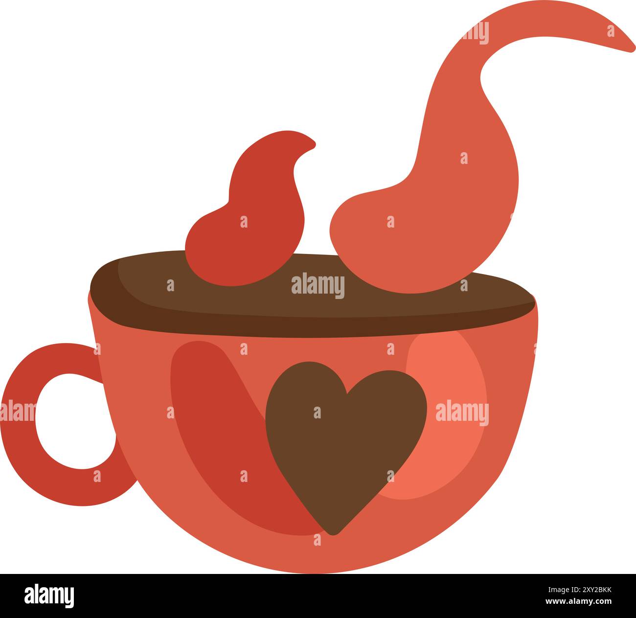 Tasse à café rouge avec coeur orné. Faites cuire à la vapeur sur une tasse de boisson chaude. Illustration confortable de couleur simple. Vecteur de dessin animé dessiné à la main isolé sur fond blanc Illustration de Vecteur