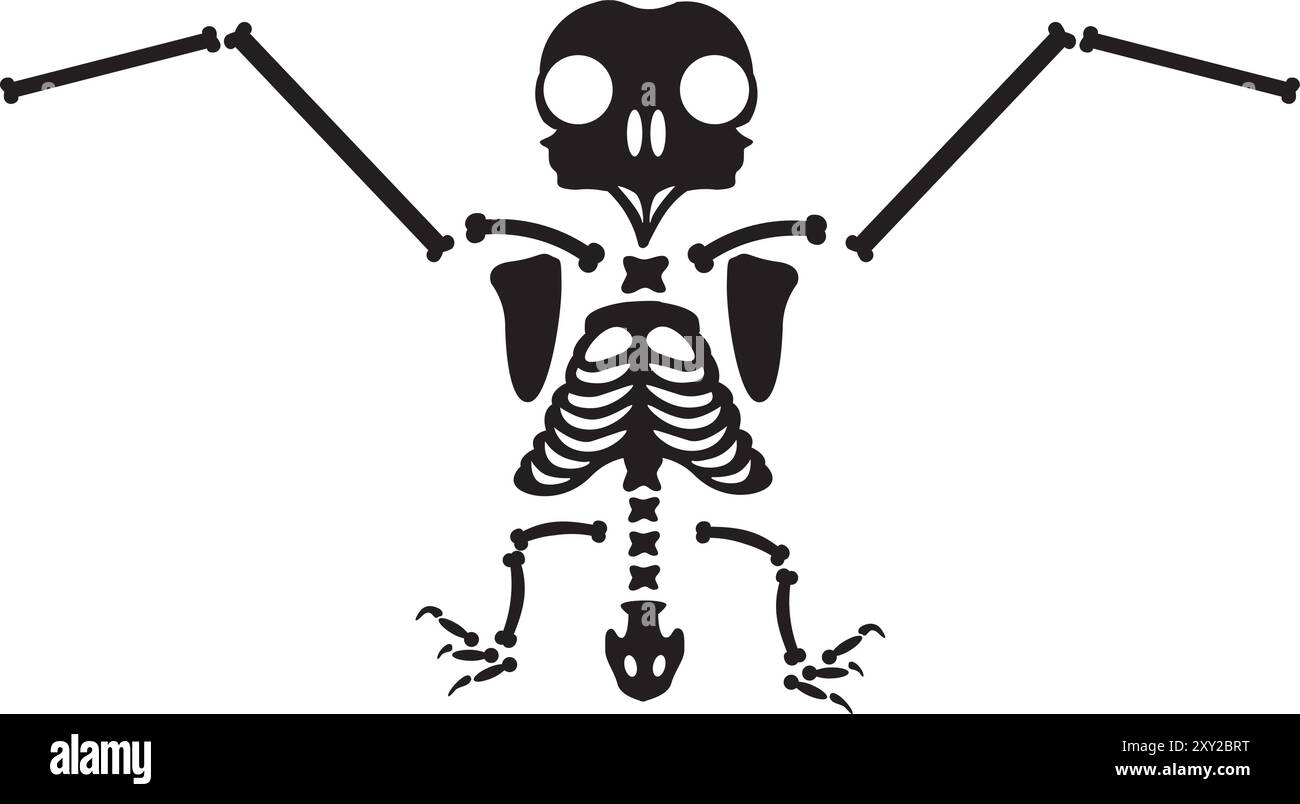 Hibou d'aigle volant décomposé d'Halloween avec des os de squelette séchés, personnage effrayant de conte de fées. Effrayant fossile ancien de hibou d'aigle volant. Simple noir et Illustration de Vecteur