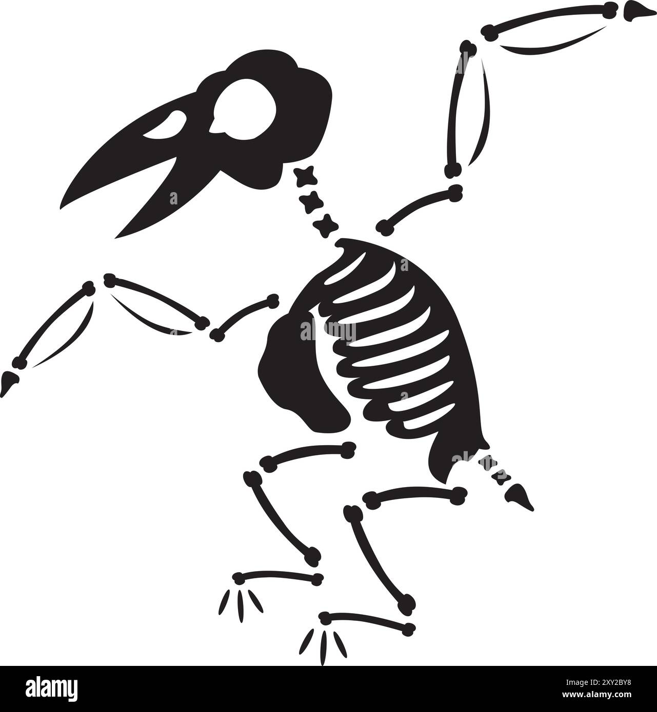 Oiseau de corbeau volant décomposé d'Halloween avec os de squelette séchés, personnage effrayant de conte de fées. Effrayant ancien fossile de corbeau. Noir simple et w Illustration de Vecteur