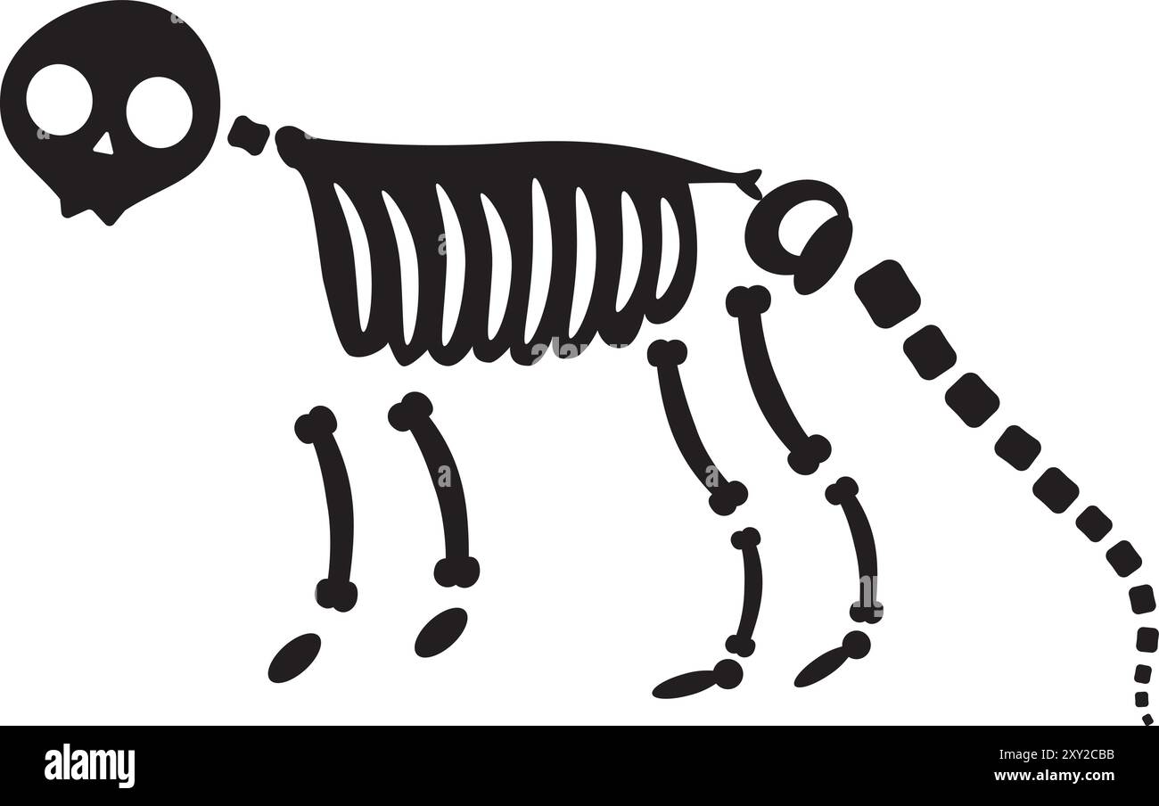 Animal renard curieux d'Halloween décomposé avec des os de squelette séchés, personnage effrayant de conte de fées. Effrayant ancien fossile de renard curieux. Simple noir et whi Illustration de Vecteur