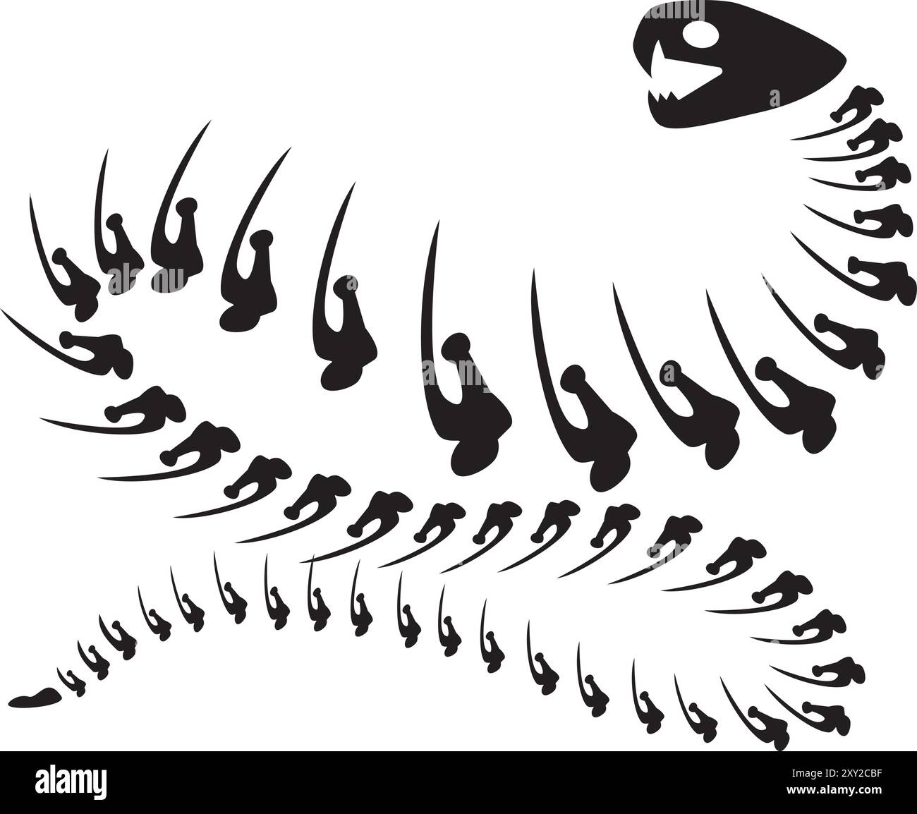 Serpent agressif venimeux décomposé d'Halloween avec des os de squelette séchés, personnage effrayant de conte de fées. Effrayant ancien fossile de serpent. Noir simple et w Illustration de Vecteur