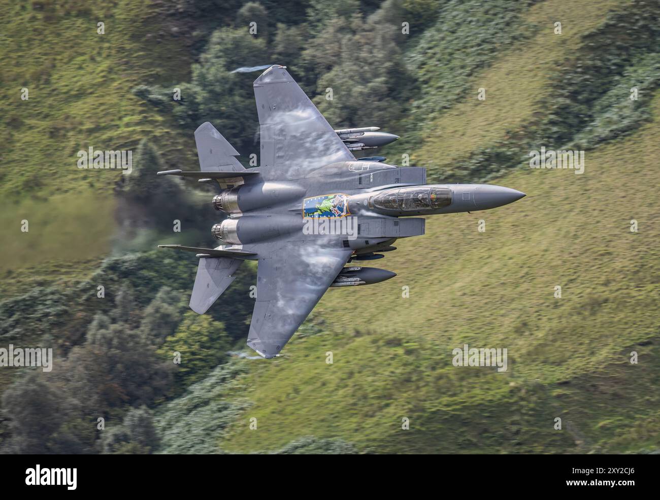 La F15 Eagle de la RAF Lakenheath avec peinture spéciale transite par LFA7, pays de Galles. Banque D'Images