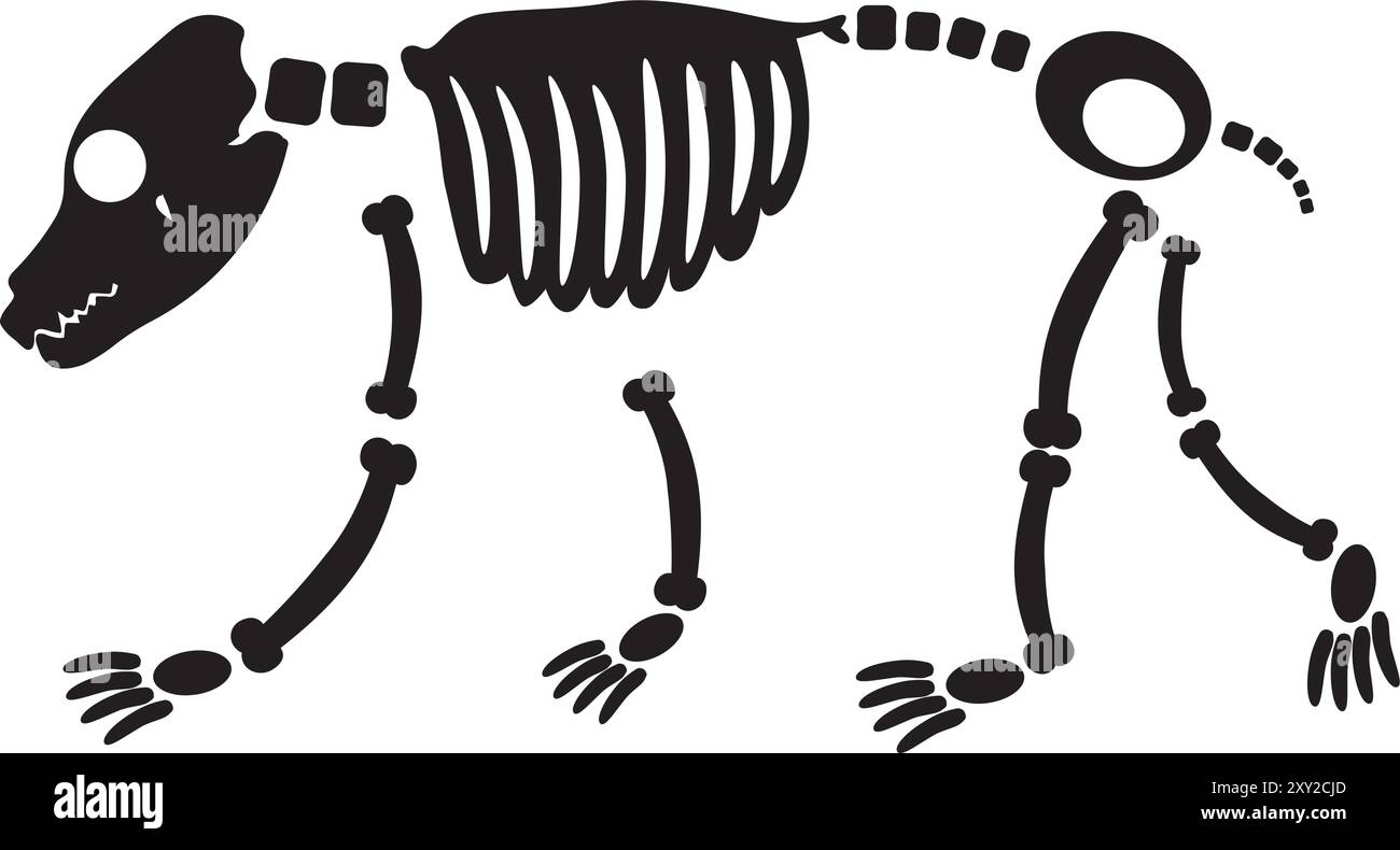 Ours grizzly d'Halloween décomposé avec os de squelette séchés, personnage effrayant de conte de fées. Effrayant ancien fossile d'ours grizzli. Simple VE noir et blanc Illustration de Vecteur