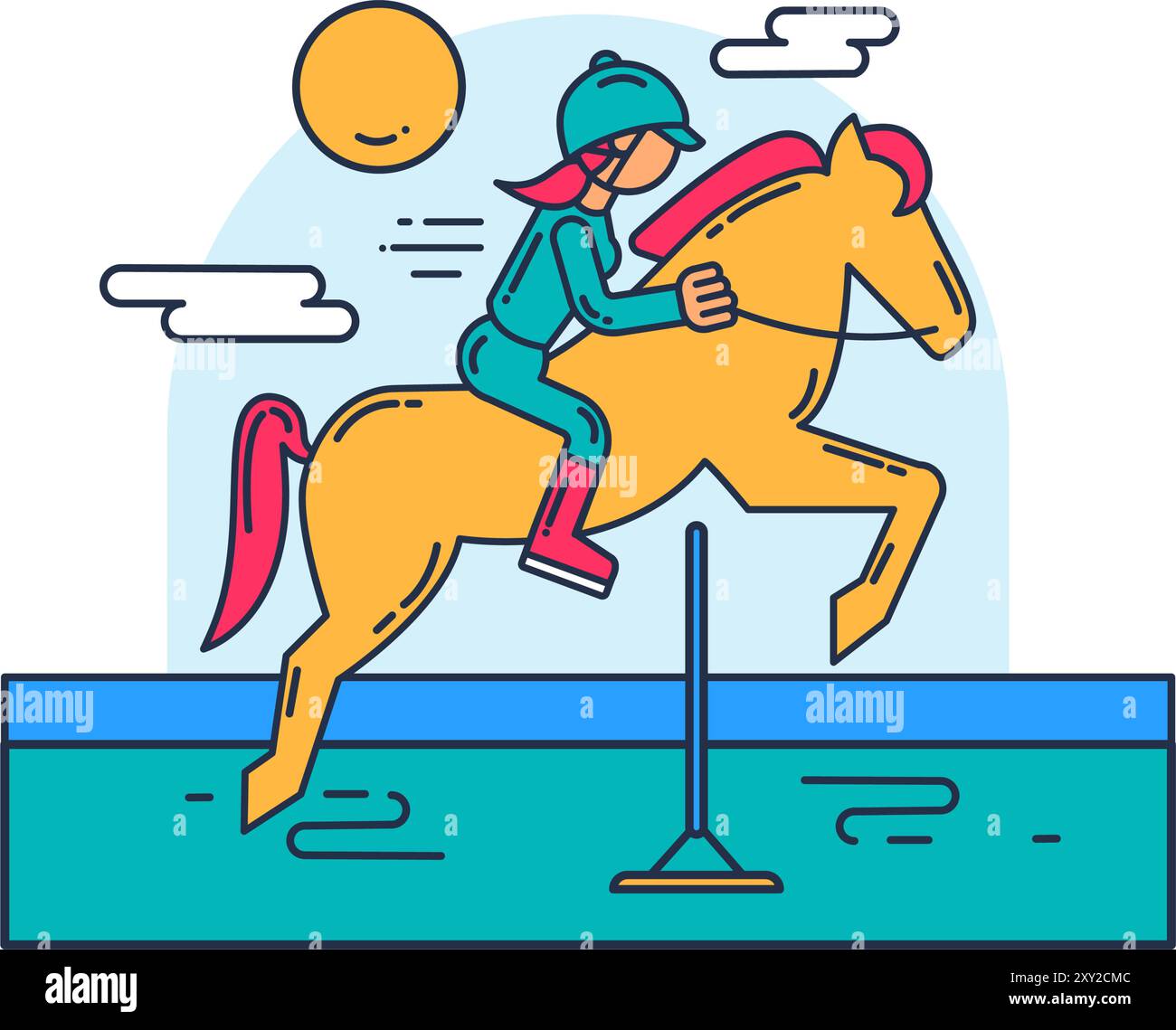 Cavalier équestre professionnel saute par-dessus la barrière d'obstacle. Sport olympique et mode de vie actif. Concept de vecteur vectoriel coloré simple isol Illustration de Vecteur
