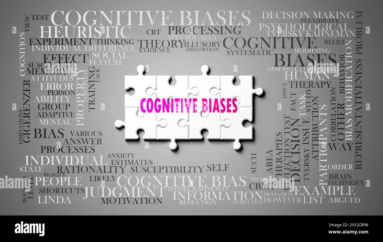 Les biais cognitifs en tant que sujet complexe, lié à des sujets importants se propageant comme un nuage de mots. Banque D'Images