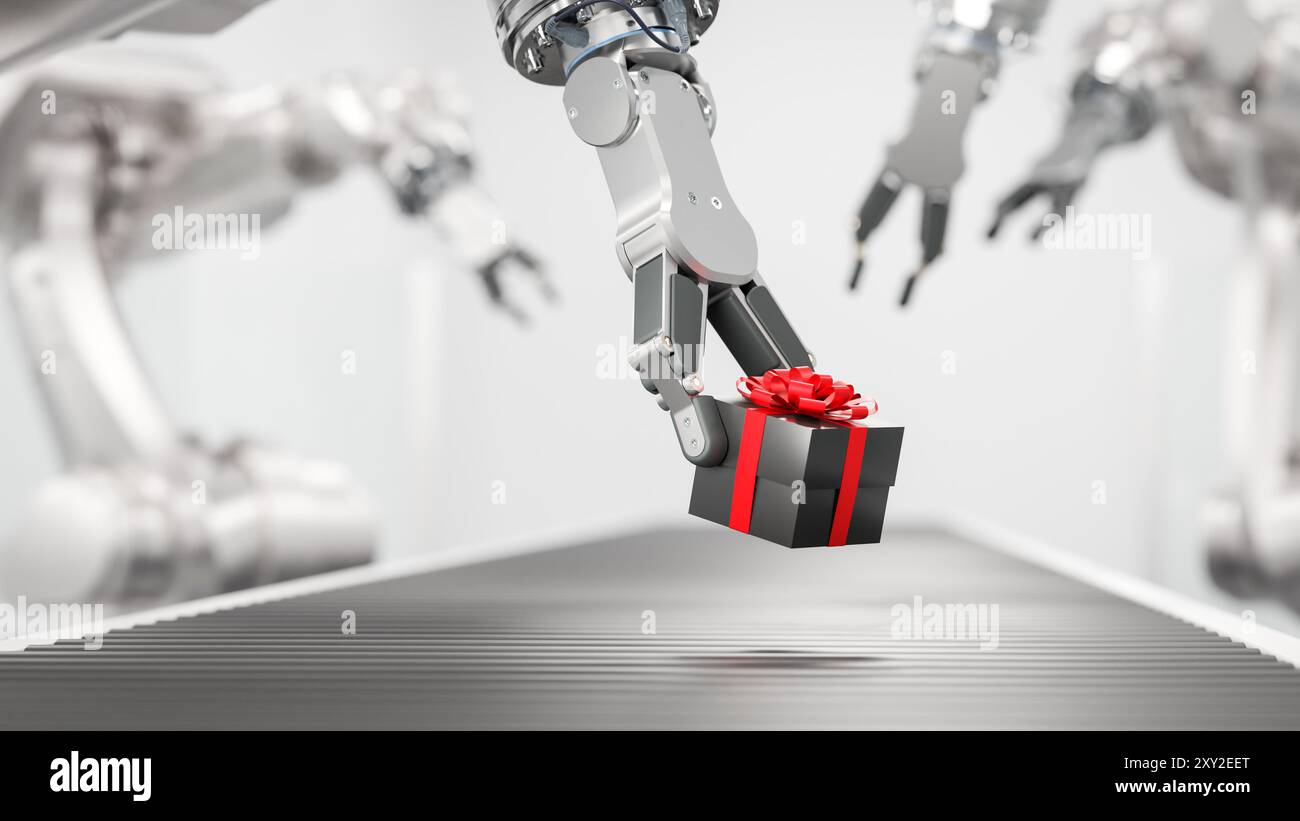 L'invention concerne un coffret cadeau placé sur une bande transporteuse par un bras robotisé. Concept de noël Tech. Mise au point sélective Banque D'Images