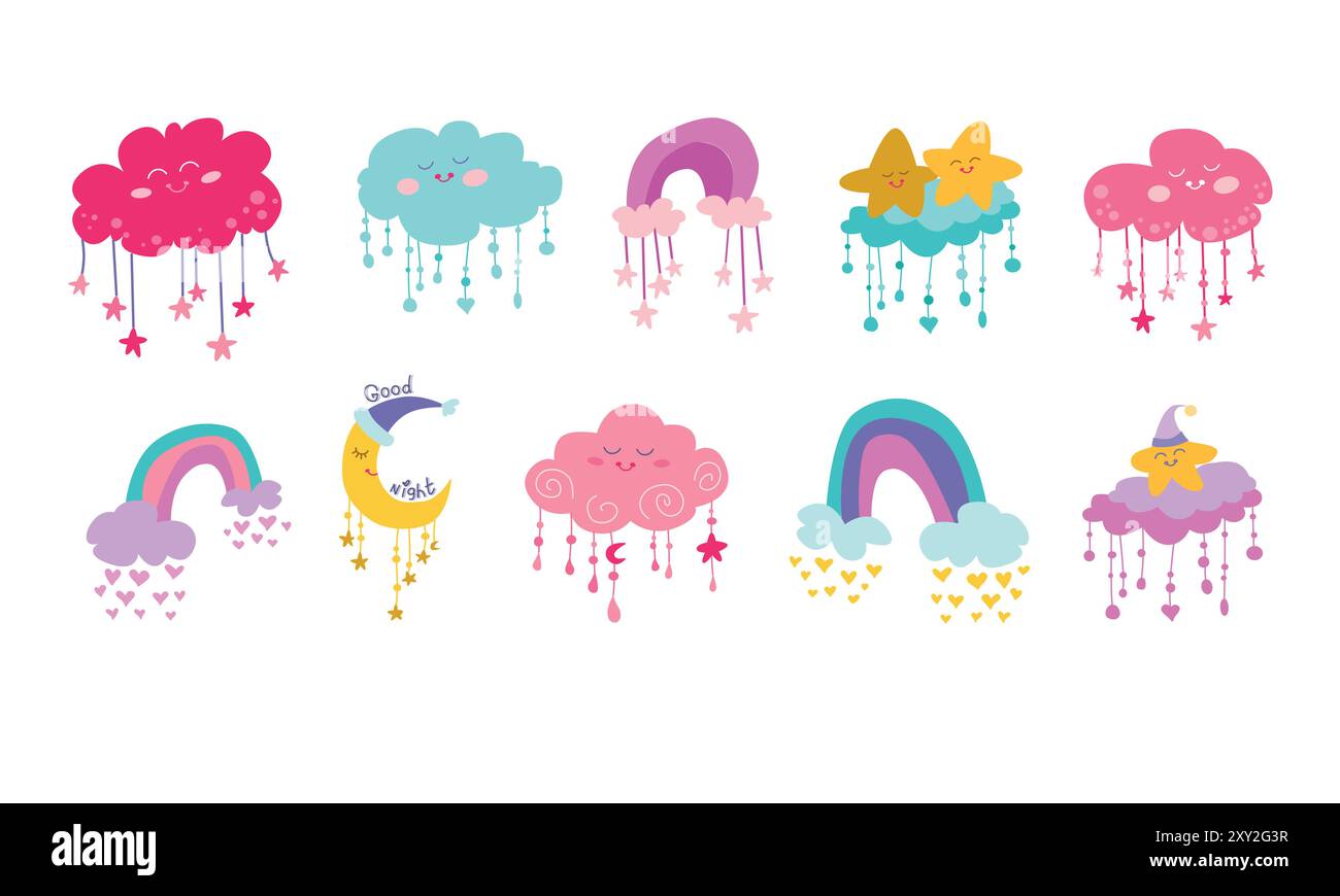 Ensemble de main mignonne dessiner arc-en-ciel, soleil, nuage, étoile, temps dans un style plat. Dessins animés doodle clipart éléments pour pépinière. Design pour la carte d'invitation de douche Illustration de Vecteur