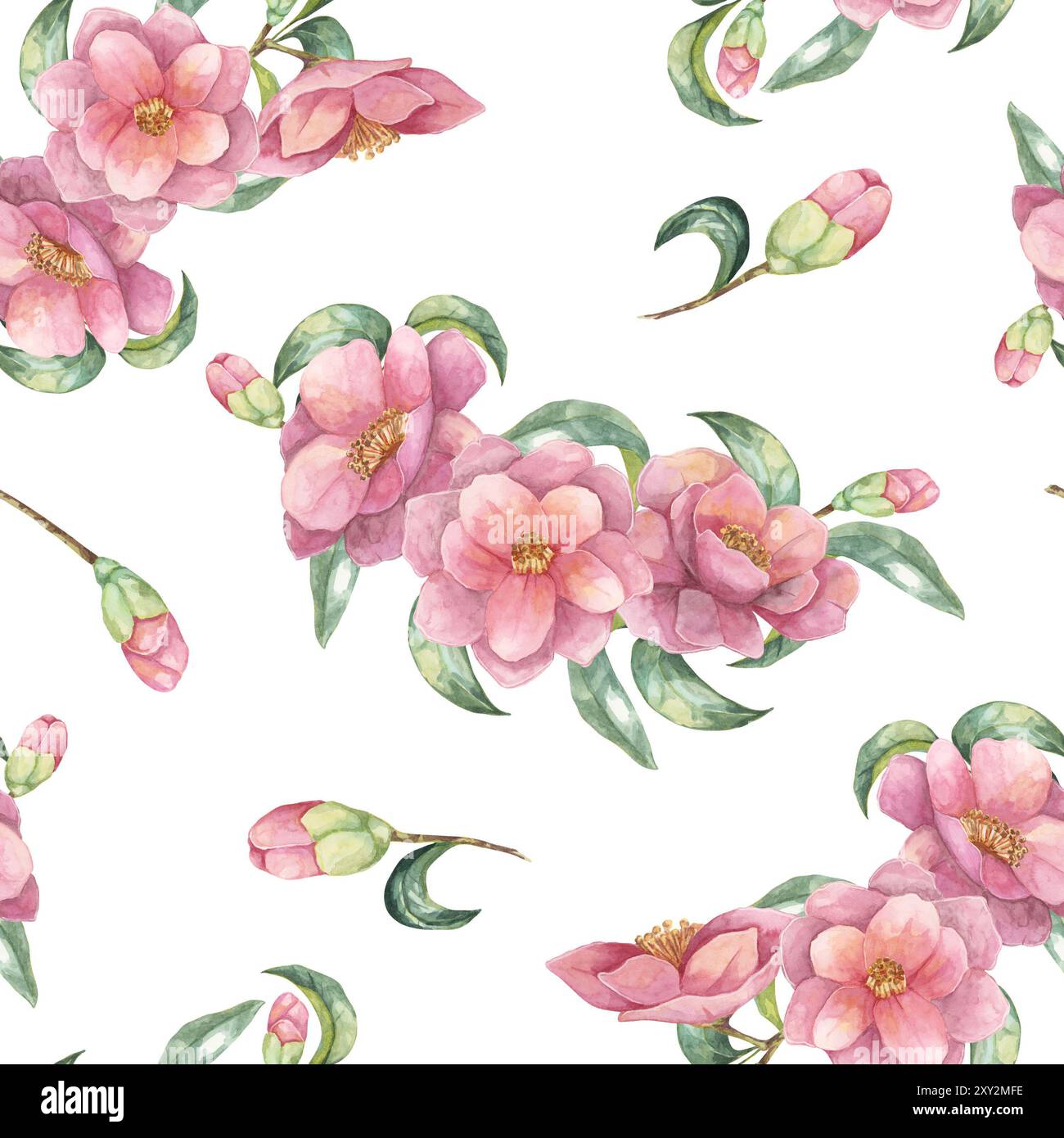 Fleurs de camélia roses avec des feuilles vertes motif sans couture. Motif de tissu Camellia japonica. Clipart aquarelle florale idéal pour la conception textile, le papier d'emballage ou les arrière-plans numériques Banque D'Images