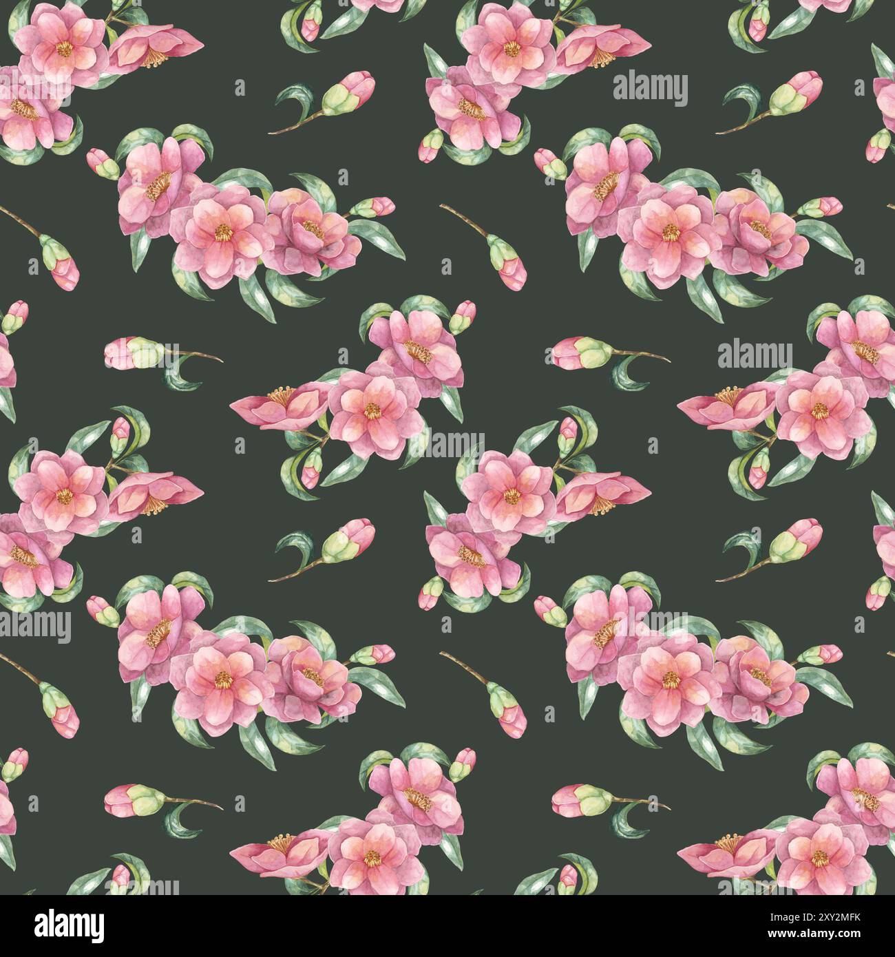 Motif sans couture de fleurs de camélia roses avec des feuilles vertes, placé sur un fond vert foncé. Clipart aquarelle florale idéal pour une utilisation dans la conception de tissu, l'emballage cadeau ou la papeterie Banque D'Images
