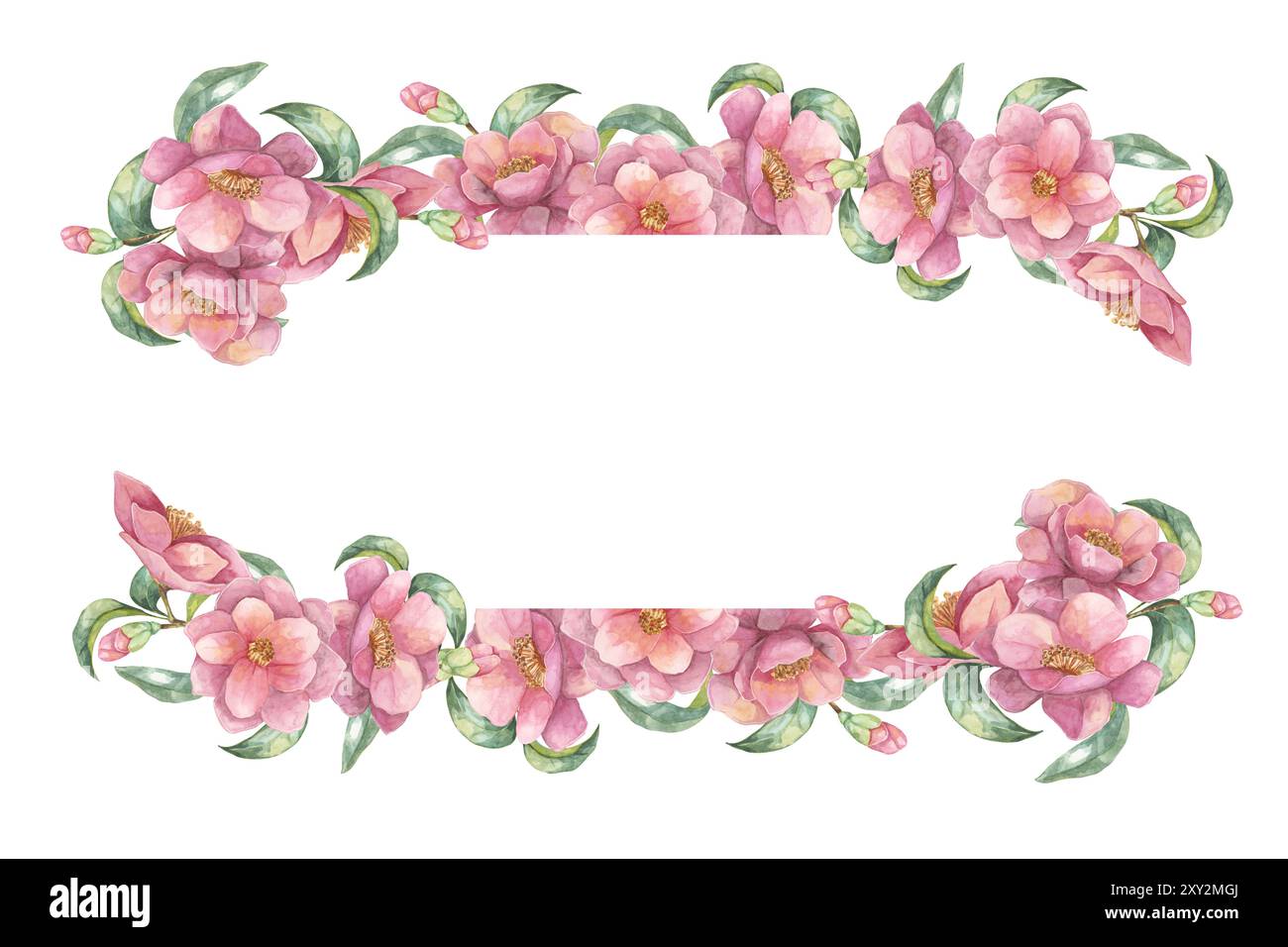 Cadre rectangulaire fait de fleurs de camélia rose luxuriantes entrelacées de feuilles vertes. Clipart d'aquarelle florale isolée pour la papeterie de mariage, les graphiques de médias sociaux, ou les étiquettes de produits Banque D'Images