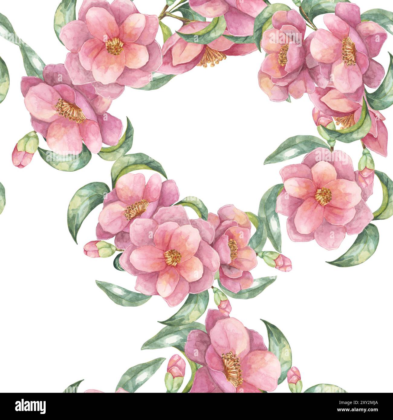 Fleurs de camélia roses disposées avec des feuilles vertes dans un motif sans couture. Textile Camellia japonica. Clipart d'aquarelle botanique pour une utilisation dans les invitations de mariage, la conception de tissu, ou l'emballage de produit Banque D'Images