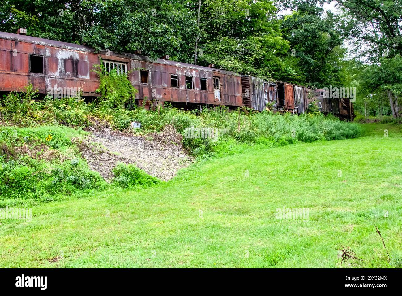 Un wagon à caisse vintage et une voiture de train de passagers sont désaffectés à Cooperstown Junction, New York, reposant dans un champ, montrant son charme rustique. Banque D'Images