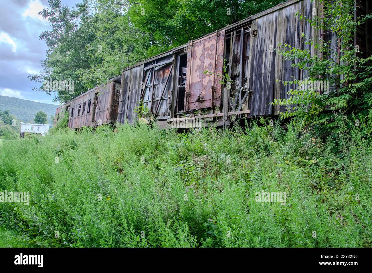 Un wagon à caisse vintage et une voiture de train de passagers sont désaffectés à Cooperstown Junction, New York, reposant dans un champ, montrant son charme rustique. Banque D'Images