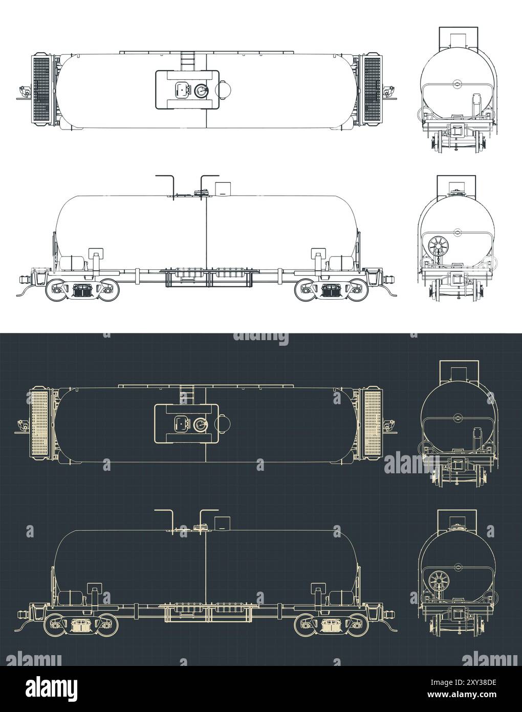 Illustrations vectorielles stylisées des plans d'un wagon-citerne ferroviaire Illustration de Vecteur