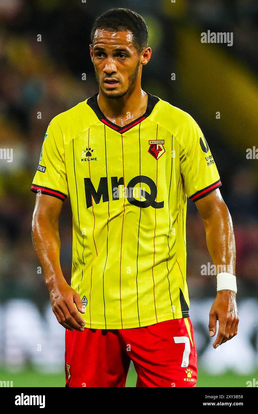 Tom Ince de Watford regarde pendant le match de la Coupe Carabao Watford vs Plymouth Argyle à Vicarage Road, Watford, Royaume-Uni, le 27 août 2024 (photo par Izzy Poles/News images) Banque D'Images