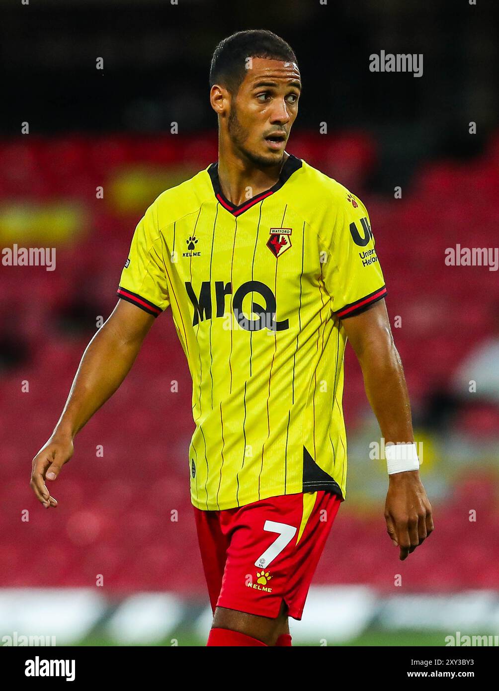 Tom Ince de Watford regarde pendant le match de la Coupe Carabao Watford vs Plymouth Argyle à Vicarage Road, Watford, Royaume-Uni. 27 août 2024. (Photo par Izzy Poles/News images) à Watford, Royaume-Uni le 27/08/2024. (Photo par Izzy Poles/News images/SIPA USA) crédit : SIPA USA/Alamy Live News Banque D'Images