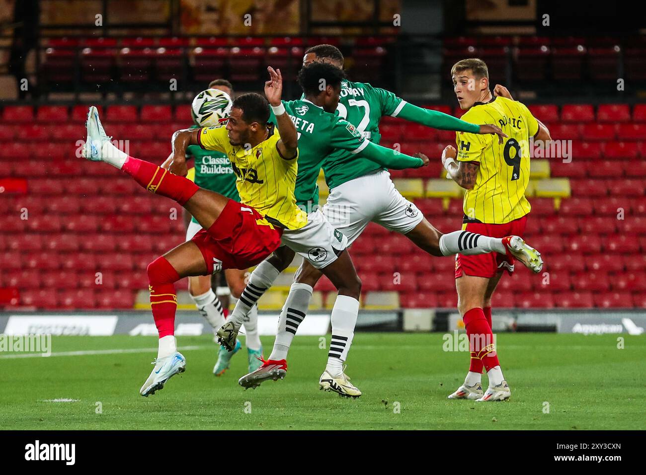 Tom Ince de Watford en action lors de la Coupe Carabao match Watford vs Plymouth Argyle à Vicarage Road, Watford, Royaume-Uni. 27 août 2024. (Photo par Izzy Poles/News images) à Watford, Royaume-Uni le 27/08/2024. (Photo par Izzy Poles/News images/SIPA USA) crédit : SIPA USA/Alamy Live News Banque D'Images